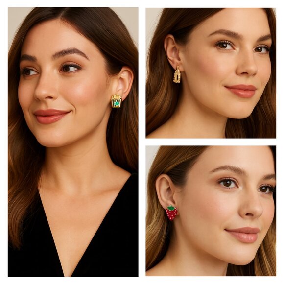 Kate Spade NY Target Stud Earrings Set 3 Pairs Strawberry French Fries Champagne - Picture 1 of 13